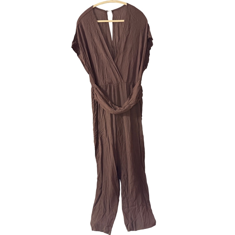 Womens Brown Gauze Surplice V-Neck Wide Leg Jumpsuit Boho Short Sleeve One Piece